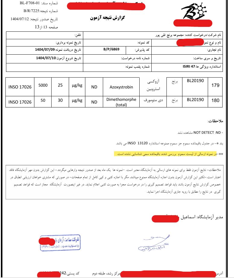 گزارش آزمایشگاه برنج ارگانیک تقی‌پور - صفحه دوم